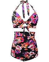 BeachQueen Women Two Piece Vintage Halter Floral Printed Deep V Crop Ruched High Waisted Bikini Sets Swimsuit Floral XL