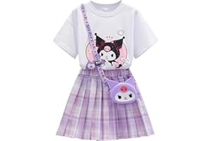 Satdflie Ku-romi Girls 3 Piece Summer Outfits Cartoon Print Short Sleeve T Shirts and Plaid Pleated Mini Skirt and Bag Sets