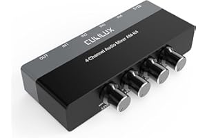 Cubilux AM-K4 6.35mm Audio Mixer [Ultra-Low Noise, HiFi AMP] 4-Channel Line-in 1/4” Mini AUX Mixer, Quarter Inch Small Stage Sub Mixer for Guitar Bass Keyboard Drum, Club Bar Studio