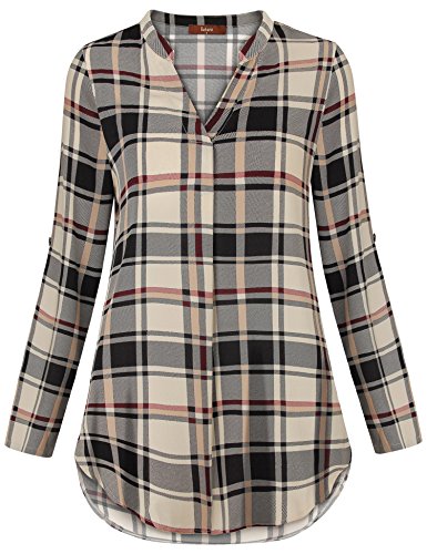 Gaharu Blouses For Women, Ladies Vintage Blouse Cuff Sleeve Pleated Front Curved Hem Buffalo Plaid Tunic Blouses For Work Black Beige,X-Large