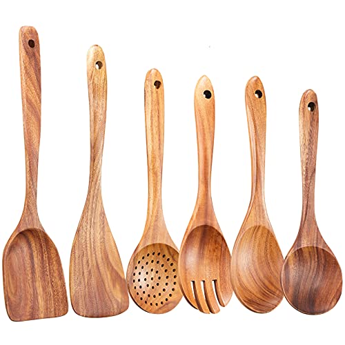 Wooden Kitchen Utensils Set,GUDAMAYE 6 PCE Wooden Spoons for Cooking,Wooden Cooking Utensils,Natural Teak Wooden Spoons For Non-stick Pan