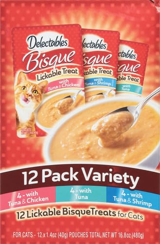 DELECTABLES BISQUE LICKABLE WET CAT TREATS – CHICKEN, TUNA & SHRIMP, 12 COUNT