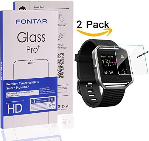(2 Pack) Fitbit Blaze Screen Protector, FONTAR Premium HD Clear Tempered Glass Screen Protector for Fitbit Blaze Smart Watch, 9H Hardness Multi-layer Explosion-proof and Anti-Bubble Screen Guard
