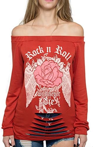 Topia Women's Rock n Roll Distressed T-Shirt (L, Red)