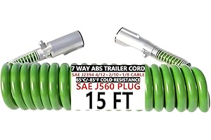 ZIYOSENLU 7 Way Coiled Trailer Cord 15FT Pigtail Heavy Duty Electric Cord -85°F Cold Resistant Soft Flexible ABS Power Cable for Semi Truck Trailers True 4/12+2/10+1/8 AWG (15FT Spring Wire)