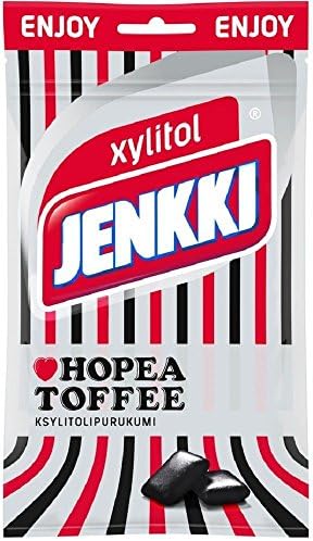 Jenkki Enjoy Hopeatoffee - (Hopea Toffee) - Finnish - Salmiak - Salty Licorice - Toffee - Xylitol - Chewing Gum - Bag 70g