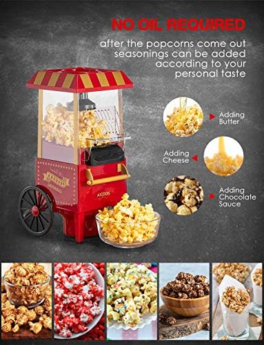 Aicook Machine à Pop Corn, 1200W Retro Machine à Popcorn avec Air Chaud, Sans Gras Huile, Facile á L'utilisation, Rouge