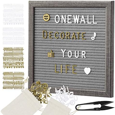 Onewall Grey Felt Letter Board 10x10 Inch Rustic Changeable Wood Sign Board with White & Gold Plastic Letters, Symbols & Emojis, Scissors, 2 Storage Pouches for Memo, Message and Announcement