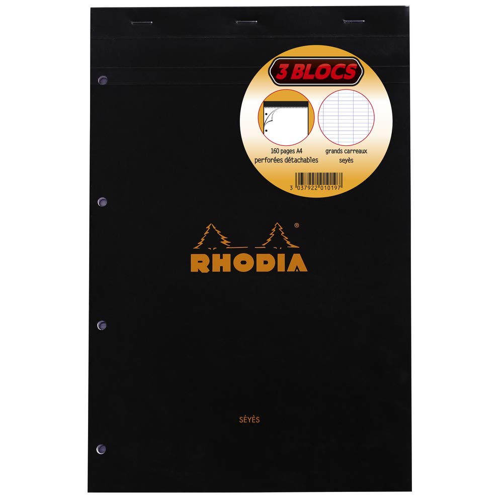 Rhodia 201019C - Set of 3 Stapled Notepads N°20 Black/Orange - A4+ 21x31.8 cm - Large Squares - 80 Detachable Sheets 4 Hole Perf., White Paper 80 g/m -