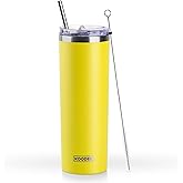Koodee 20 oz Skinny Tumbler - Stainless Steel Double Wall Insulated Slim Water Cup With Straw and Lids (Yellow)