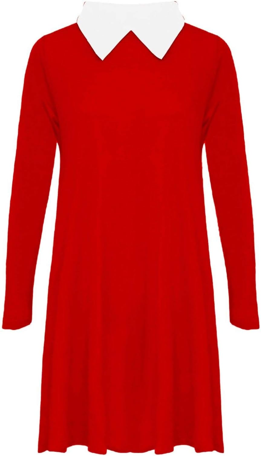 Womens Ladies Peter Pan Collar Long Sleeve Flared Swing Dress Top Plus Size 8-26