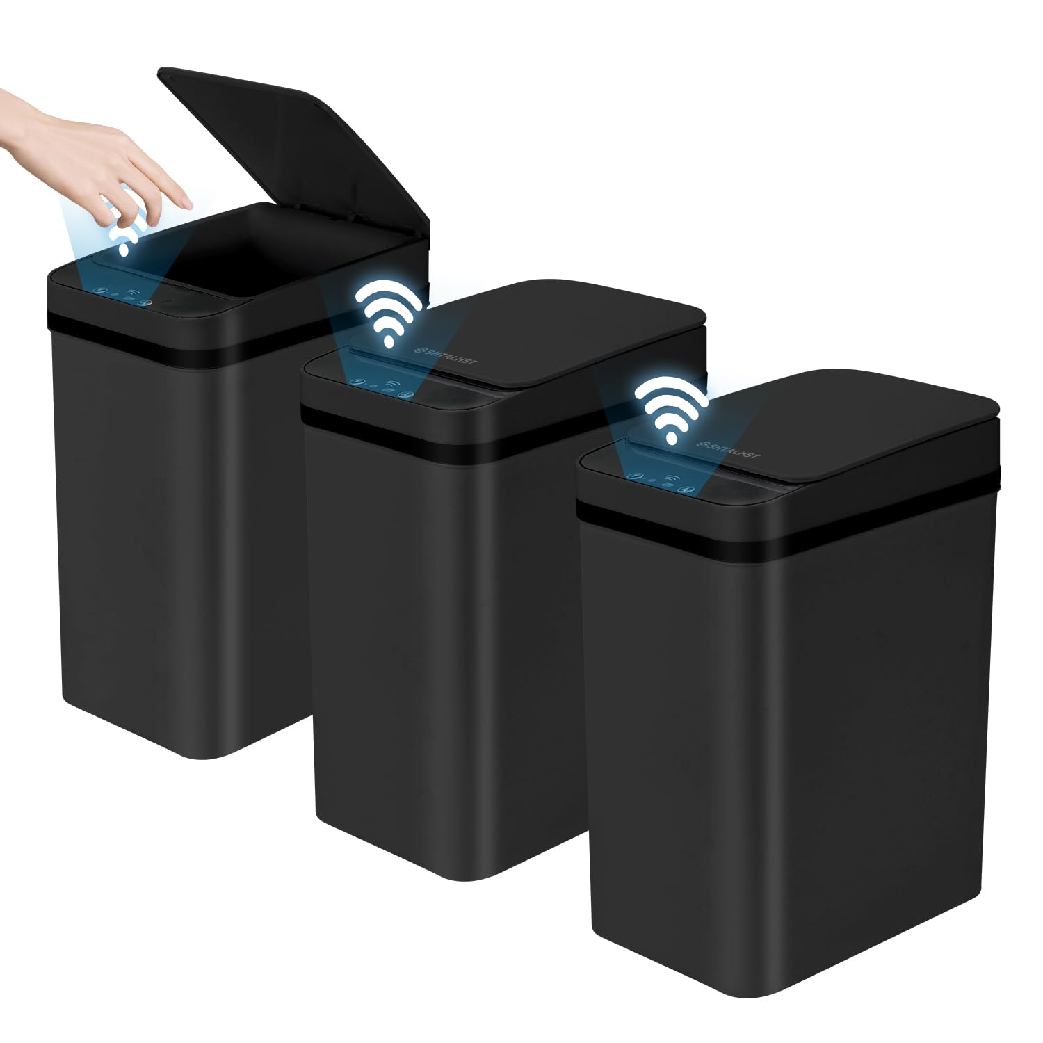 Photo 1 of 3 Pack Bathroom Trash Can with Lid, 2.5 Gallon Small Slim Trashcan, Automatic Trash Can Touchless, Motion Sensor Waterproof Plastic Trash Bin for Bedroom Kitchen Office Living Room (Black)