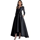 Long Sleeve Mother of The Bride Dresses for Women Tea Length Formal Dress 3D Flower Satin Hi Low Wedding Party Dress