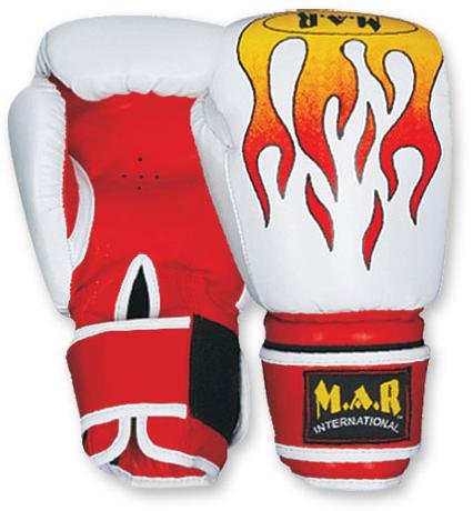 MAR | White Rex Leather Flame Boxing Gloves, Extended Cuff Kickboxing Muay Thai Gloves Heavy Training Boxing Gloves, Womens Boxing Gloves Kids Boxing Gloves for Men Women & Children 4oz - 16oz
