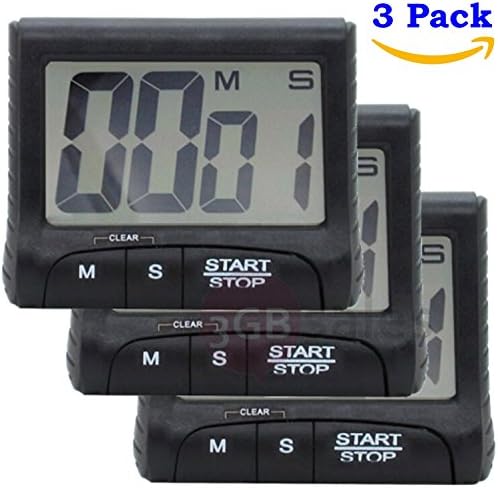 Easy to READ and USE Digital Timer: Large Display Loud, Alarm, Count Down/Up, for the Kitchen, Cooking, Classroom, Kids Time Out. Strong Magnet, Retractable Stand, Hanging Hook and Clip (3)