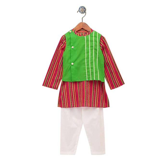 Baby Boys Poplin Stripes Print Jacket And Full Sleeves Kurta With Pajama Set in Multi Color
