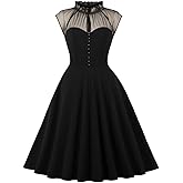 Women High Neck Sheer Mesh See Through Corset Dress Keyhole Sleeveless Patchwork A Line Flared Party Dress Goth Black Cocktail Dresses for Women Wedding Guest Short Bridesmaid Dress Black-Sweetheart L