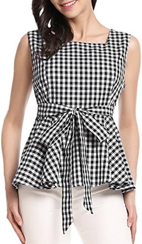 YouBens Women's Gingham Plaid Check Blouse Bow-Knot Square Neck Shirt Loose Ruffle Swing Sleeveless Cotton Top
