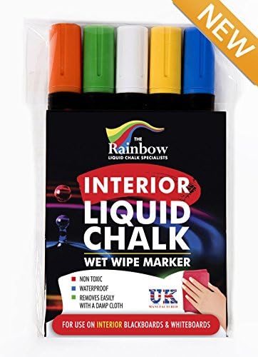 Rainbow - Interior Liquid Chalk Pen Assorted 5 Pack - 5mm Bullet Nib Easy Clean from Chalkboards