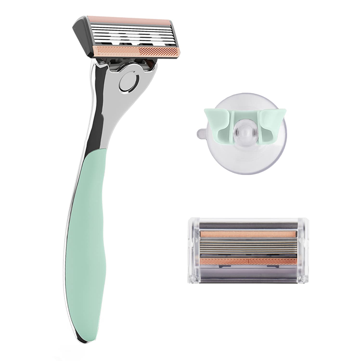 FFS Beauty Women’s Razor Kit - Premium Olive Handle, 2 Sharp and Durable 6-Blade Vegan Razor Cartridges & Matching Shower Holder