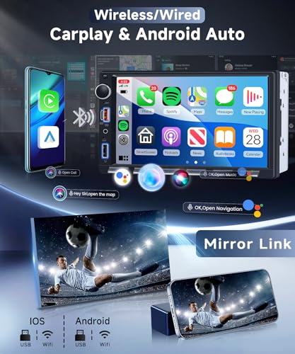 VECHTEL Car Radio 2 Din Piano Keys with CarPlay Android Auto Wireless, 7 Inch IPS HD Touch Screen Car Radio Support Bluetooth FM Radio USB/Type-C Mirror Link SWC Rear Camera
