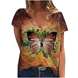 Womens Butterfly Short Sleeve Shirts V-Neck Summer