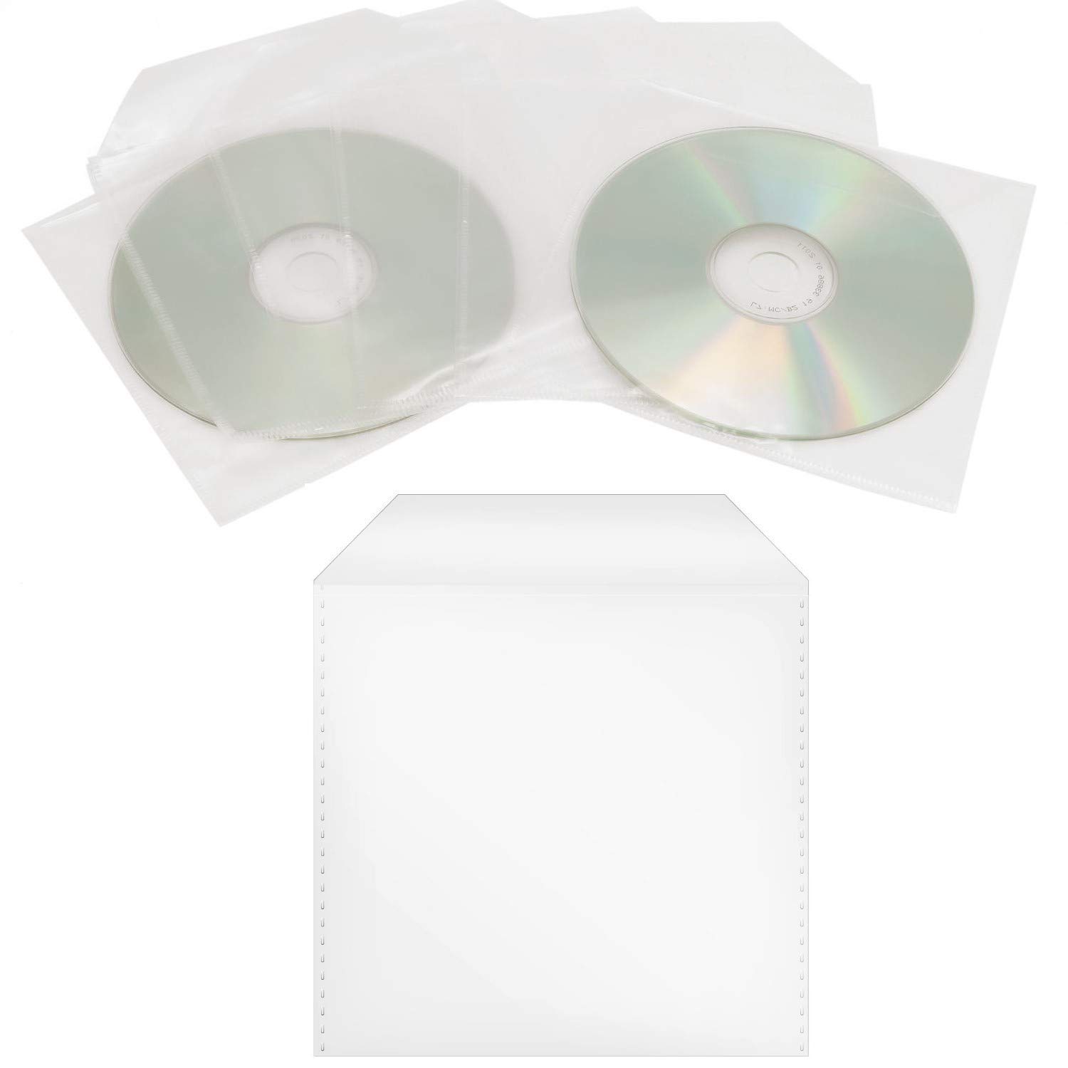 Pack of 100 CD/DVD/Bluray Protective Covers, Polypropylene, Transparent Sleeves, Sleeves with Flap, Empty Case, for Storing CDs, DVDs, BD Blanks, Plastic Case with Flap, Foil Case, Single CD Sleeve