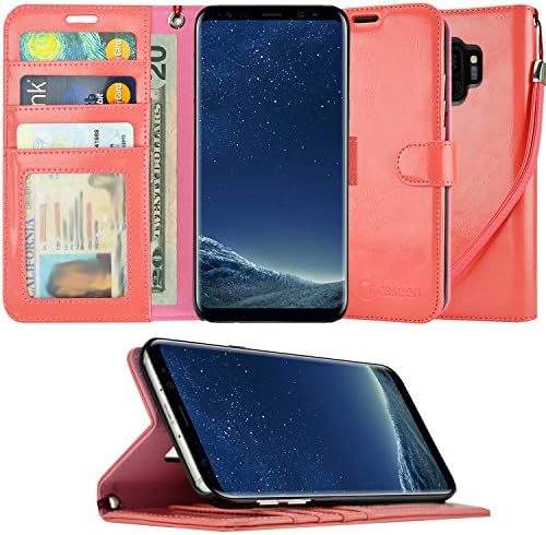 S9 / S9 Plus Case, S9 / S9 Plus Wallet Case, caseen Ottima Leather Slim Folio Wristlet w/ Stand Flip Cover Folio for Samsung Galaxy S9 / Samsung Galaxy S9 Plus (Coral, Samsung Galaxy S9)