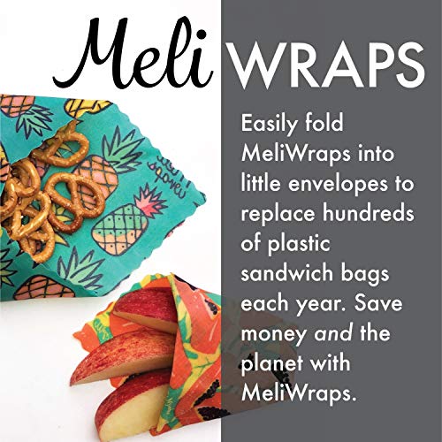 Meli Wraps Beeswax Wraps - Reusable Food Wrap Alternative to Plastic Wrap. Certified Organic Cotton, Naturally Antibacterial. 3-Pack includes sizes (SML) in Kahanu Print
