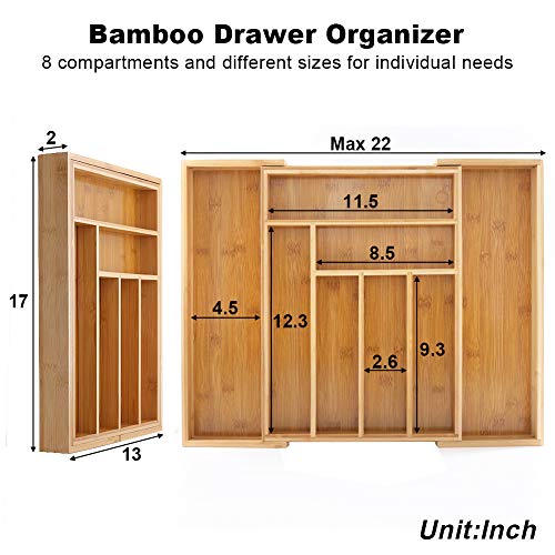 Bamboo Expandable Drawer Organizer for Kitchen, 100% Eco Friendly Adjustable Drawer Divider Holder for Silverware Tray, Cutlery, Utensil, Stationery, 8 Compartments - Thumbnail 2