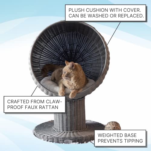 THE REFINED FELINE Kitty Ball Cat Bed Cave for Indoor Cats in Smoke, ClawProof Faux Rattan Cat