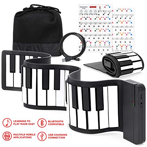 Best Choice Products Kids 49-Key Portable Flexible Roll-Up Piano Keyboard Musical Educational Toy Instrument w/Learn-To-Play App Game, Bluetooth Phone Pairing, Note Labels, USB Charging - White