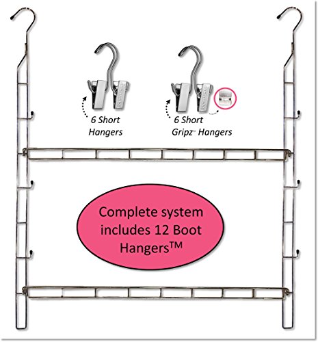 Deluxe 12-Pair Hanging Boot Storage - Double Decker Boot Caddy Includes 12 Boot Hangers (Boot Organizer, Boot Hanger, Boot Storage System) (Silver Rack System with 12 Boot Hangers)