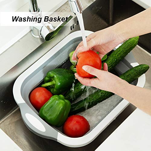 MFTEK Foldable Multifunction Chopping Board, Collapsible Dish Tub Basin Cutting Board Colander, Vegetable Fruit Wash and Drain Sink Storage Basket, Space Saving for Kitchen Home