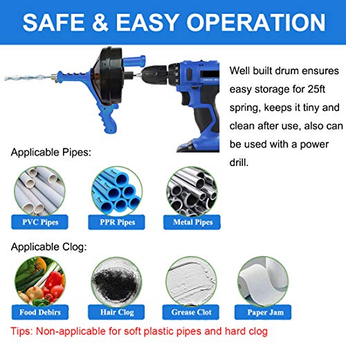Drain Auger, Breezz Clog Remover with Drill Adapter, 25 Feet Heavy Duty
