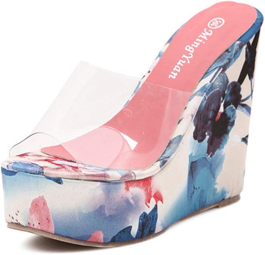 Amazon.com | MIOKE Women's Clear Floral Wedge High Heel Sandals Platform Slip On Open Toe 