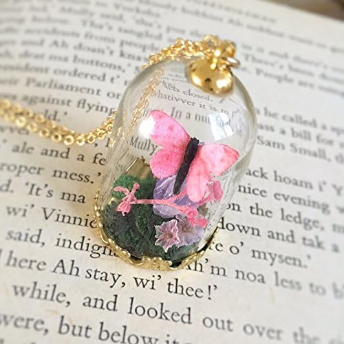 Pink Butterfly Necklace, Amethyst, Raw quartz, Glass Dome, Mori Girl, Woodland, Real Moss, Terrarium, dried flower, boho, wedding, botanical