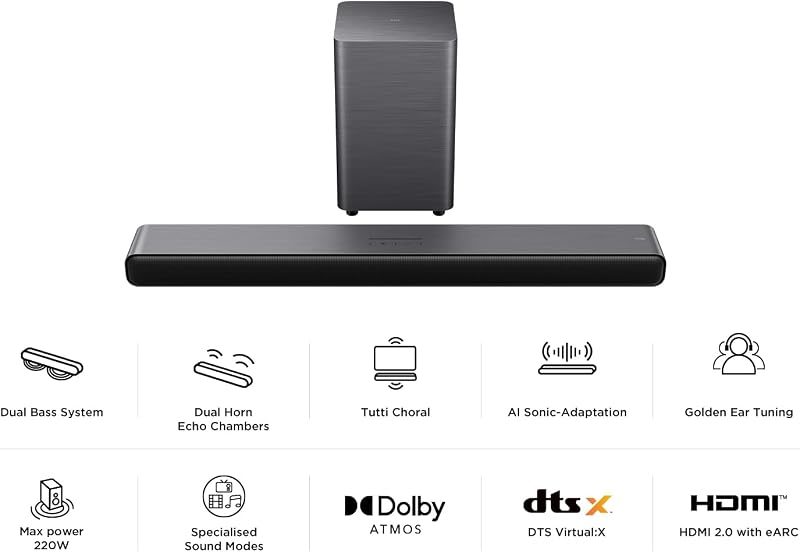 TCL 2.1 Canal Dolby Atmos Sound Bar S55HE, 220 W de potência máxima com sistema de graves duplos, compatível com DTS Virtual X, HDMI eARC e Bluetooth 5.3, barra de som com subwoofer sem fios
