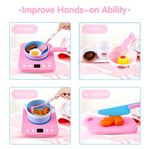 Kids Kitchen Pretend Play Accessories Toys,MOICO 38pcs Pretend Toy Kitchen Cookware Playset Pots and Pans Cooker with Light Sound,Cooking Utensils, Food Play Set for Toddlers Girls Boy Birthday Gifts