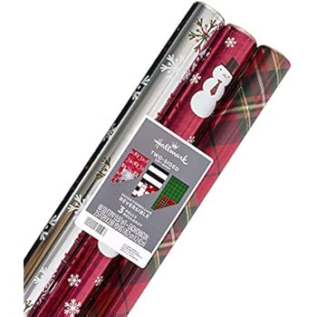 Hallmark Reversible Christmas Wrapping Paper Bundle (Pack of 3, 60 sq. ft. ttl.) Contemporary Foil, Red Plaid, Green Houndstooth, Black and White Stripes, Snowflakes