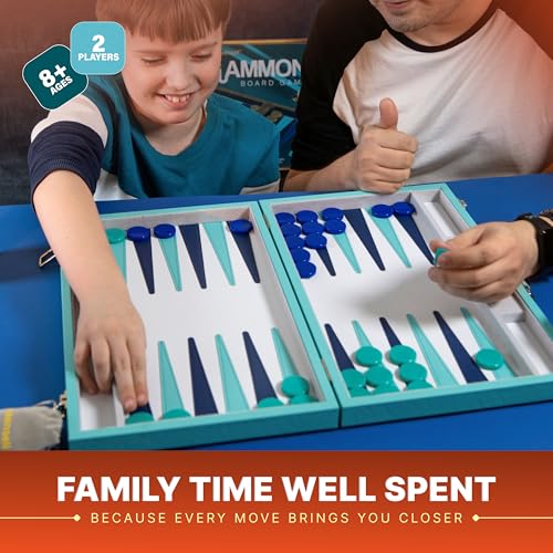 Premium 15" Turquoise Backgammon Set for Adults - Luxury PU Leather Tray with Box, 32 Acrylic Counters, Dice Cups and Double Cube