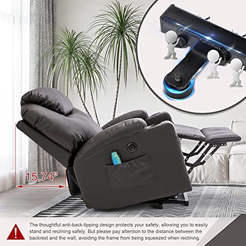 Oyerol Power Lift Recliner Chair with Heat and Vibration Massage for Elderly, Leather Electric Recliner Lift Chair for Living Room with USB Port, Cup Holders and 4 Pockets-Brown