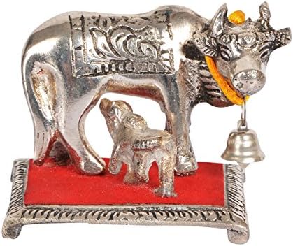 Arham Trades Ceramic Handcrafted Decorative Kamadhenu Cow and Calf Idol Showpiece Figurine | Gift Item Size - (L- 12 x W- 5 x H- 5 cm, Silver)