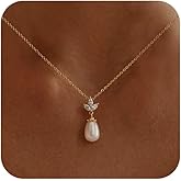 Ewrkbr Pearl Necklaces for Women, 14K Gold Plated CZ Single Pearl Pendant Necklace Dainty Gold Necklaces for Women Trendy Classic Bridal Wedding Necklace Fashion Gold Jewelry