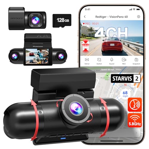 REDTIGER 4 Channel 360° View Dash Cam, Dual STARVIS 2, 2.5K*2+1080P*2 Dashcam Front and Rear Inside Left Right, 5.8GHz WiFi, 8 IR Lights Night Vision, 4 Adjustable Lenses, Included 128GB Card (VP40)