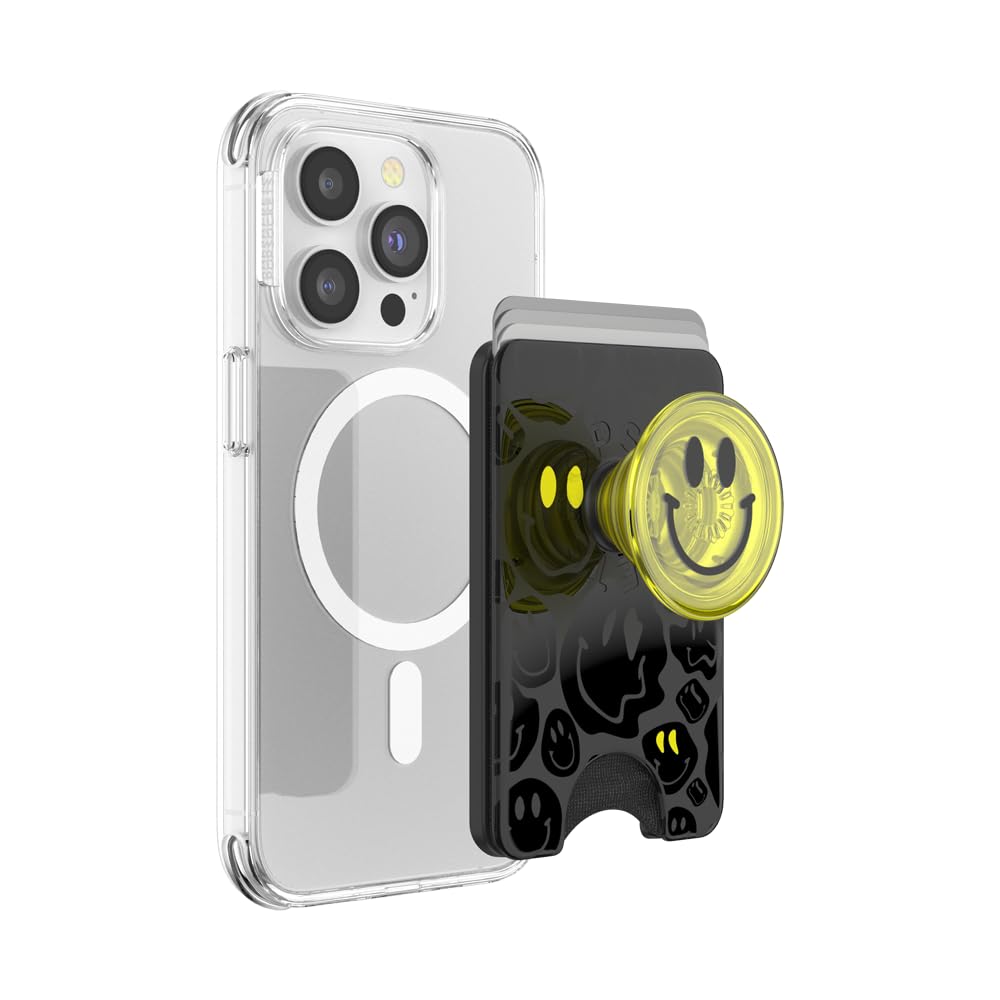 PopSockets Phone Wallet for MagSafe, Phone Card Holder with Grip, Neon Yellow - All Smiles