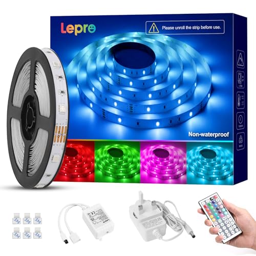 Lepro LED Strip Light 5M, RGB Colour Changing LED Lights with Remote, 150 Bright 5050 LEDs, Plug in Strip Lights for Bedroom Kitchen Kids Room Party Christmas