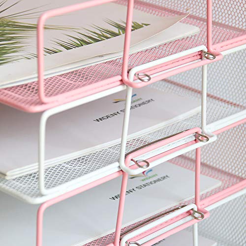 4 Tier Reinforce Stackable Paper Document Letter Tray Desk Organizer, New Design Metal Mesh File Holder Organizer for Home Office School, Folders Letters Paper Storage Pink (Color)