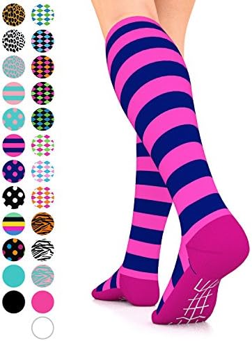 Go2 Fashion Compression Socks for Men &amp; Women 15-20 mmHg Athletic Running Socks for Nurses Travel Medical Graduated Nursing Compression Stocking Sport Sock (Blue Pink Stripe, Small)
