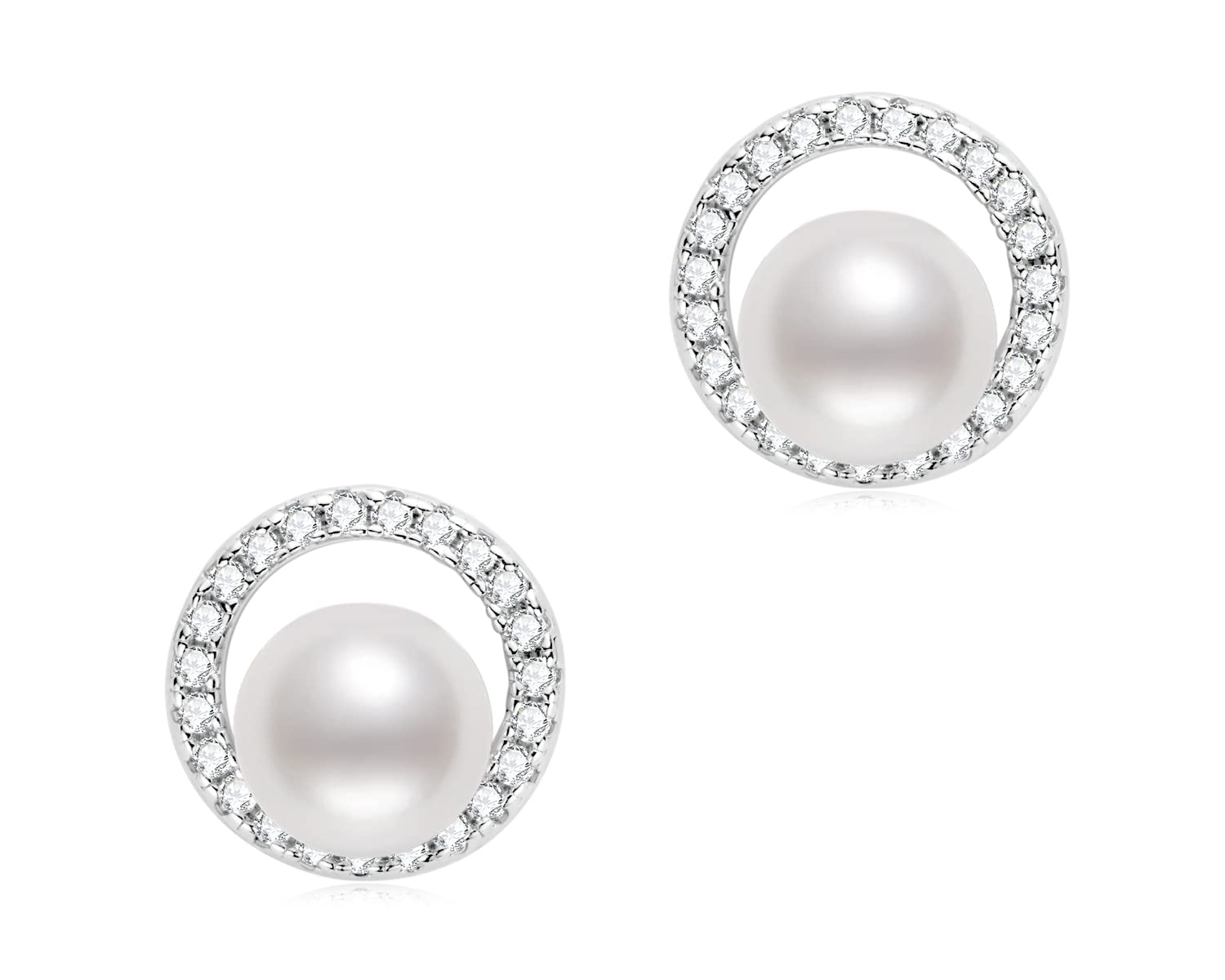 Pearl Earrings for Women 925 Sterling Silver Freshwater Cultured Pearl Stud Valentines Jewelry Gifts for Her Ladies, White Gold Plated, Circle 9.5mm